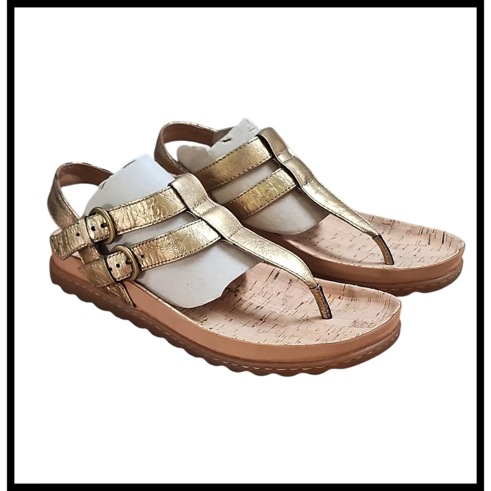 BORN Reta Leather Comfort T-strap Thong Sandals Double Buckle Gold Foil 8 - Picture 12 of 13